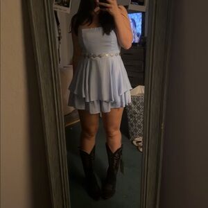 Windsor Charmed Strapless Ruffled Woven Skater Romper Dress